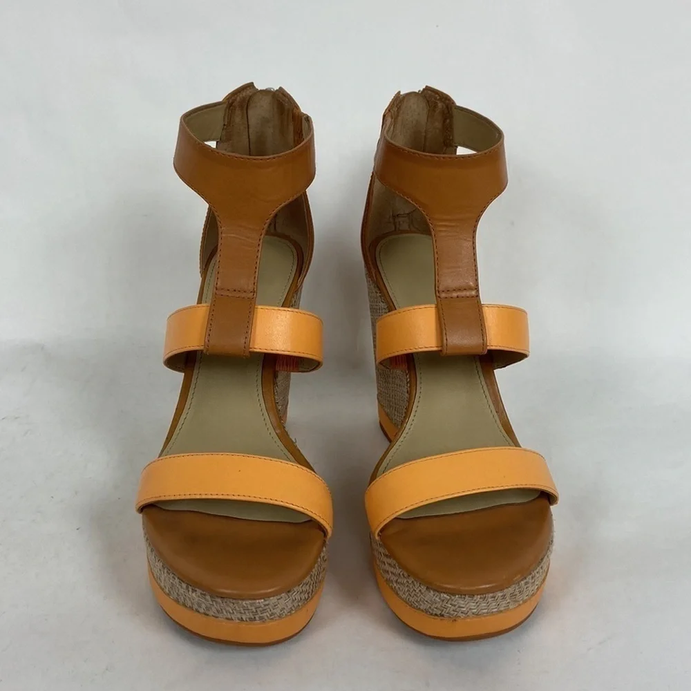 Antonio Melani Cam Leather T-Strap and Ankle Strap Open Toe Platform Woven Wedge